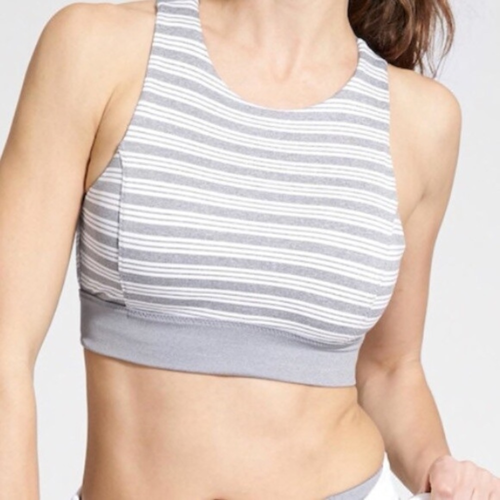 Athleta Deep Breath Striped Sports Bra in
Gray and White